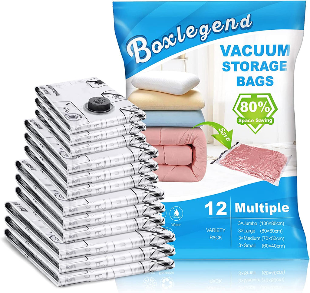 BoxLegend 12 Pack Vacuum Storage Bags Instant Space Saver Storage Bags Compression Bags Vacuum Seal Bags for Clothes