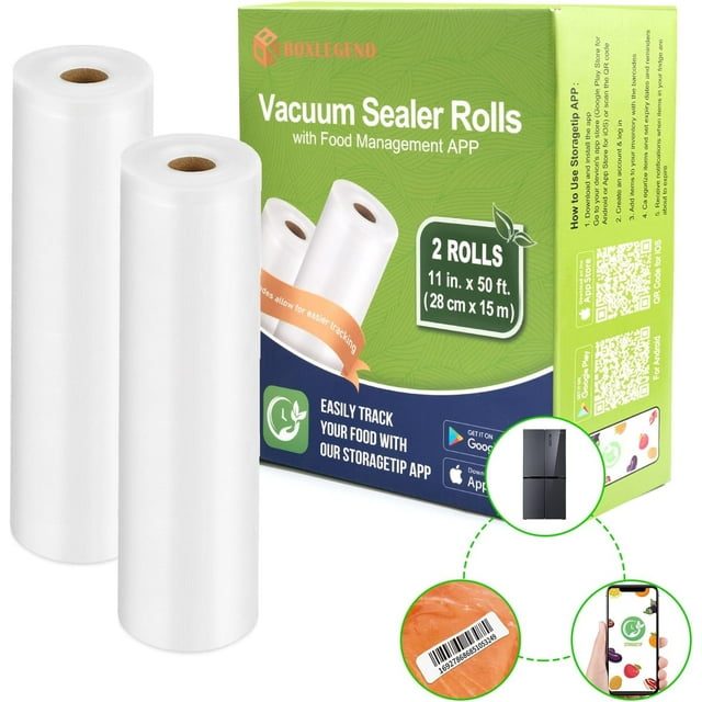 BoxLegend Vacuum Sealer Bags with Food Management APP 11’’x 50’ (2 Pack), Food Saver Bags Rolls with Barcodes for Food Tracking