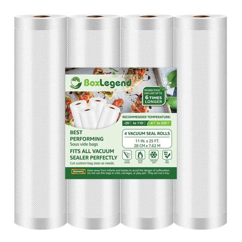Boxlegend vacuum Sealer Bags 11" x 25' Rolls 4 Pack for Foodsaver, Seal a Meal Vacuum Sealer Fits Inside Machine Storage Area BPA Free Heavy Duty, for Sous Vide or Meal Prep