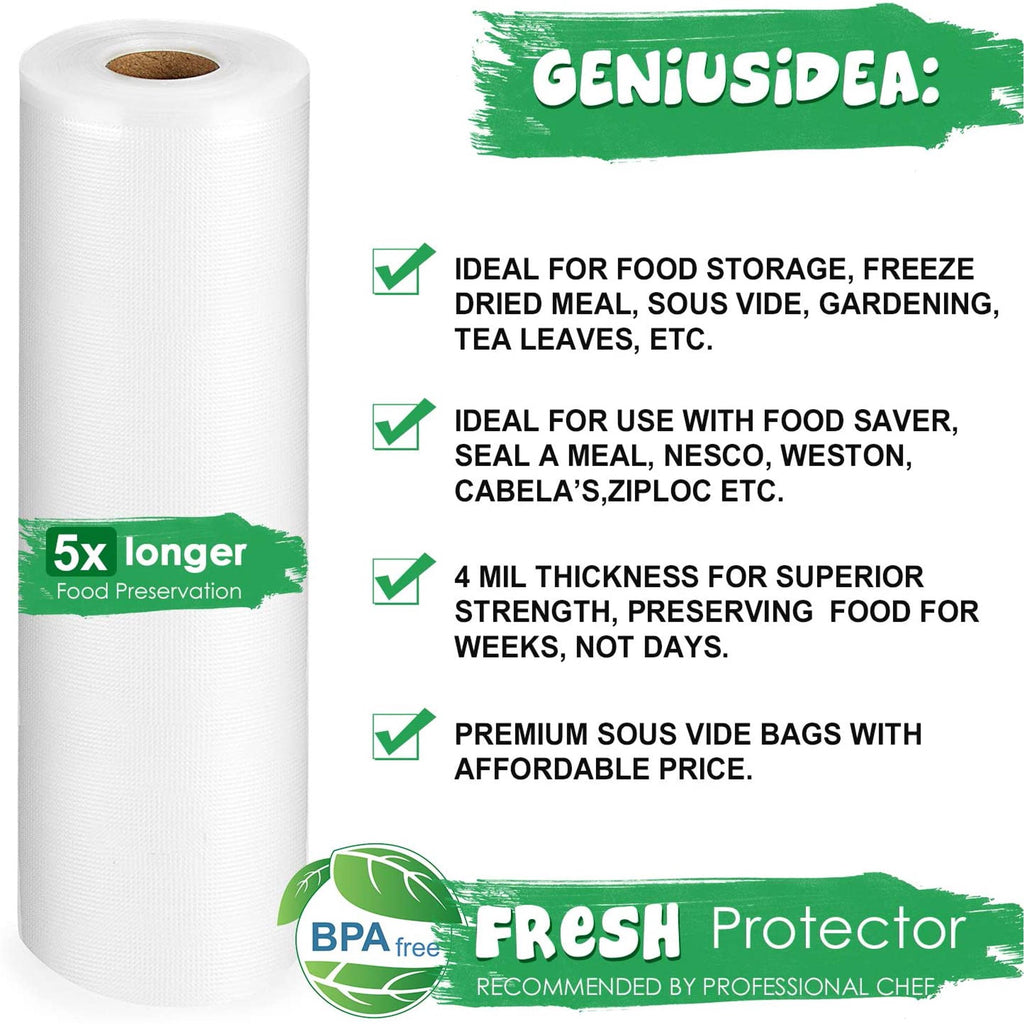 Geniusidea Vacuum Sealer Bags for Food Saver, 4 Pack 11 x 25'ft Commercial Grade Food Saver Vacuum Sealer Bags Rolls, Food VAC Storage & Seal, Meal